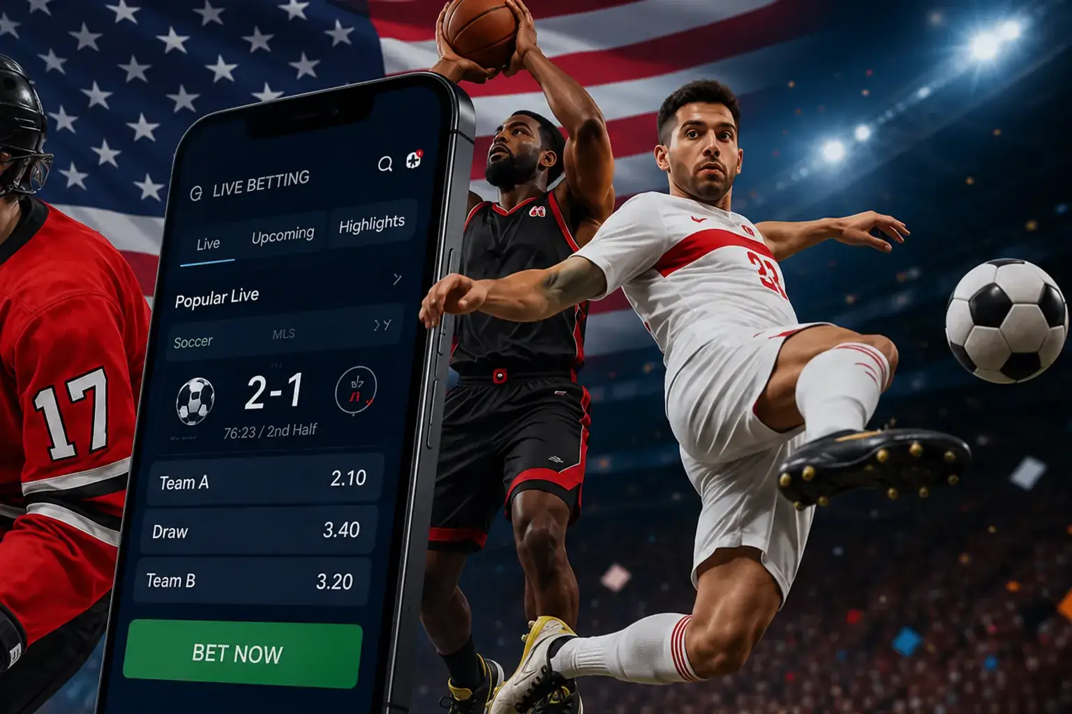 Sports betting app with basketball and soccer action