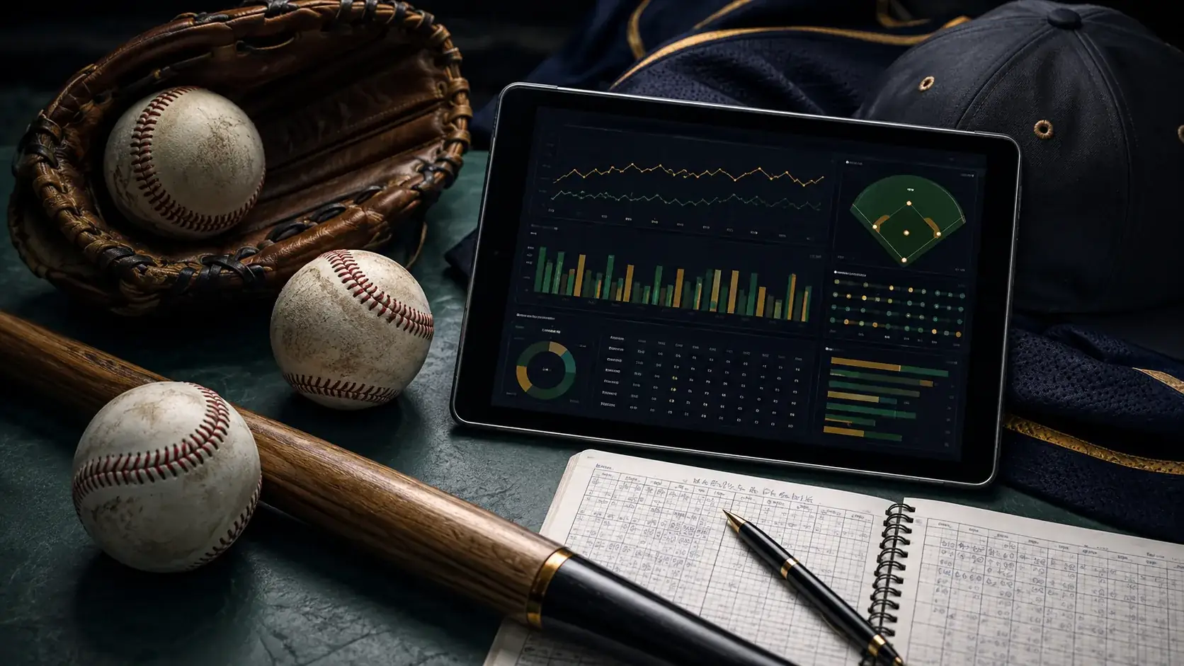 Baseball glove, bat, balls and tablet with game analysis
