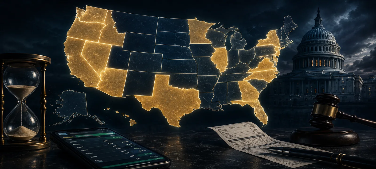 Editorial photo of a US sports betting map, capitol building, and legal-betting paperwork