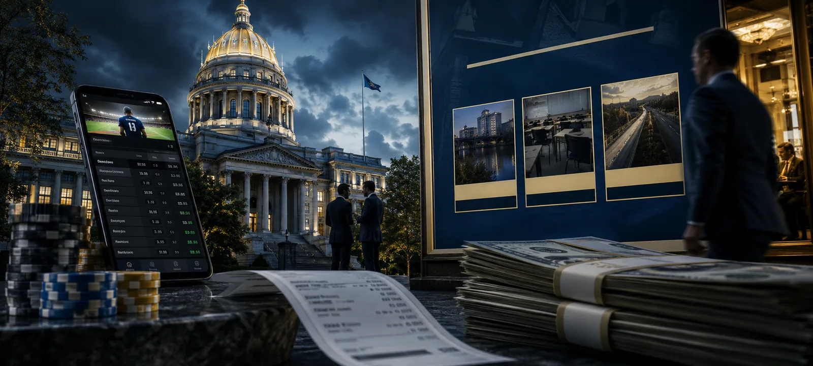 Editorial photo of politics, campaign influence, and sports betting money