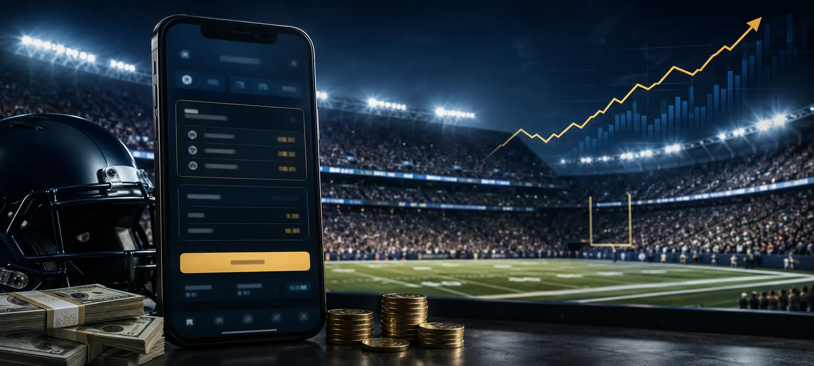Editorial photo of a football stadium, sportsbook app, and rising betting handle graphic