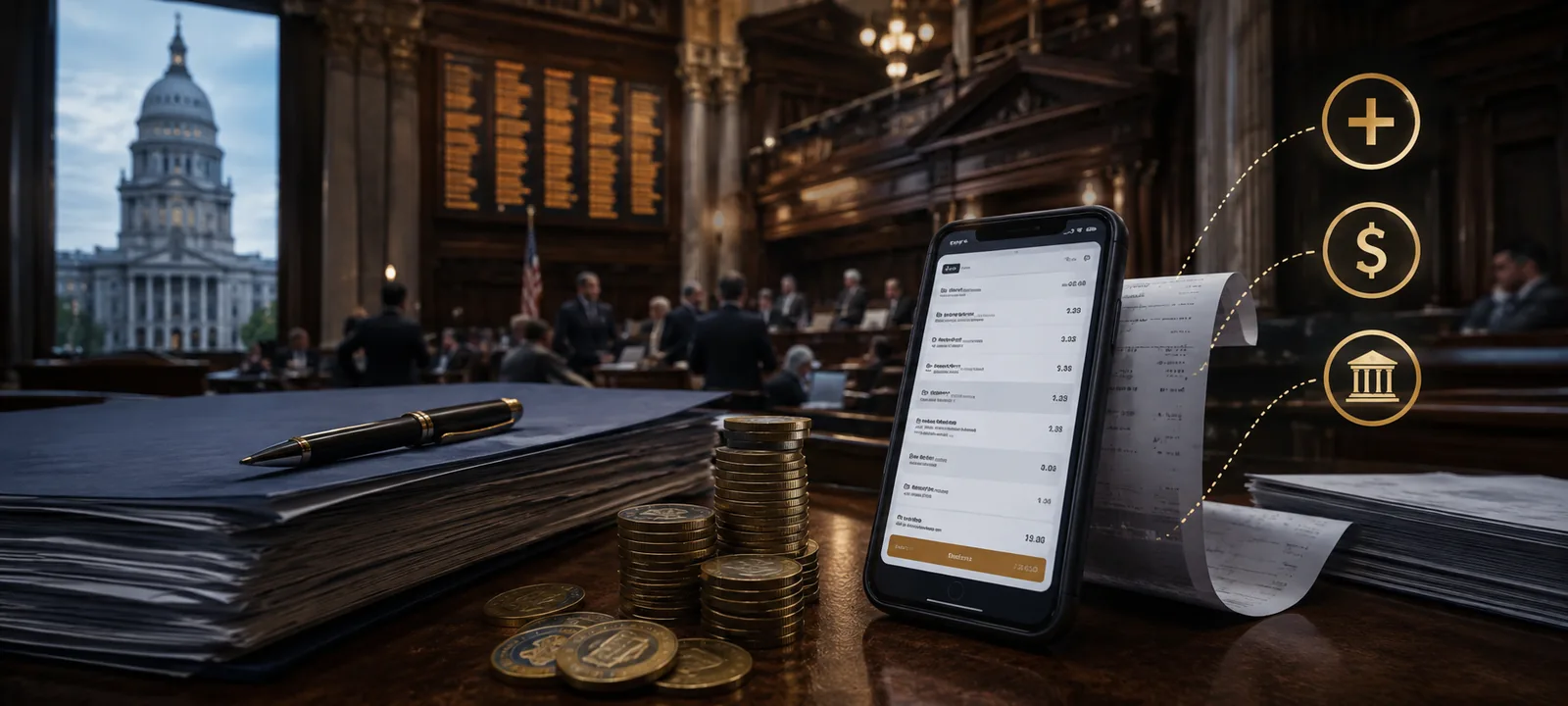 Editorial photo of lawmakers, betting receipts, and tax-related sportsbook costs
