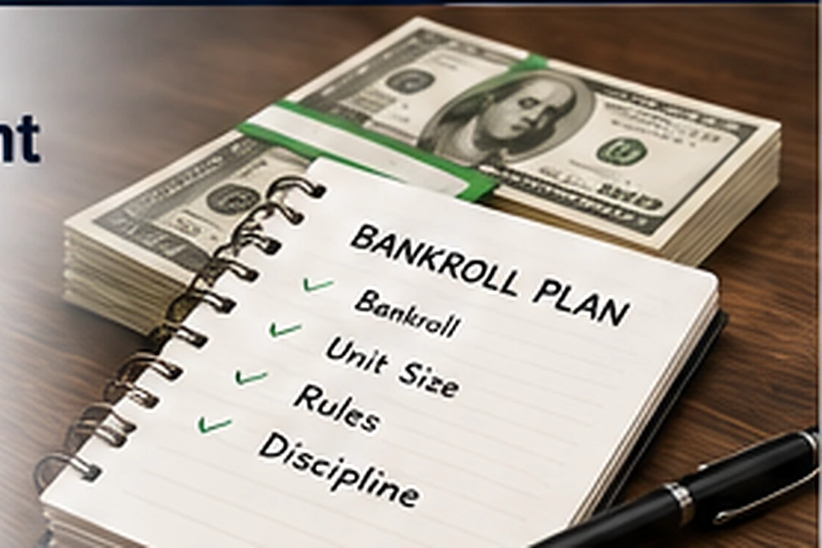 Crisp illustration of bankroll tracking, rising results, protective checks and stacked betting units